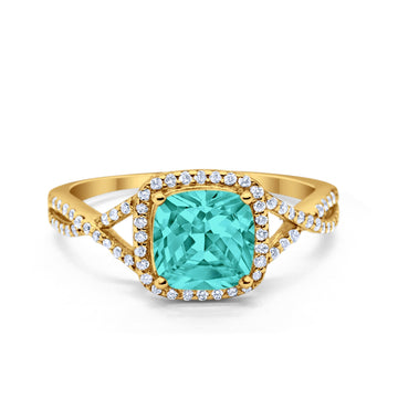 Halo Infinity Shank Engagement Ring Cushion Yellow Tone, Simulated Paraiba Tourmaline CZ 925 Sterling Silver